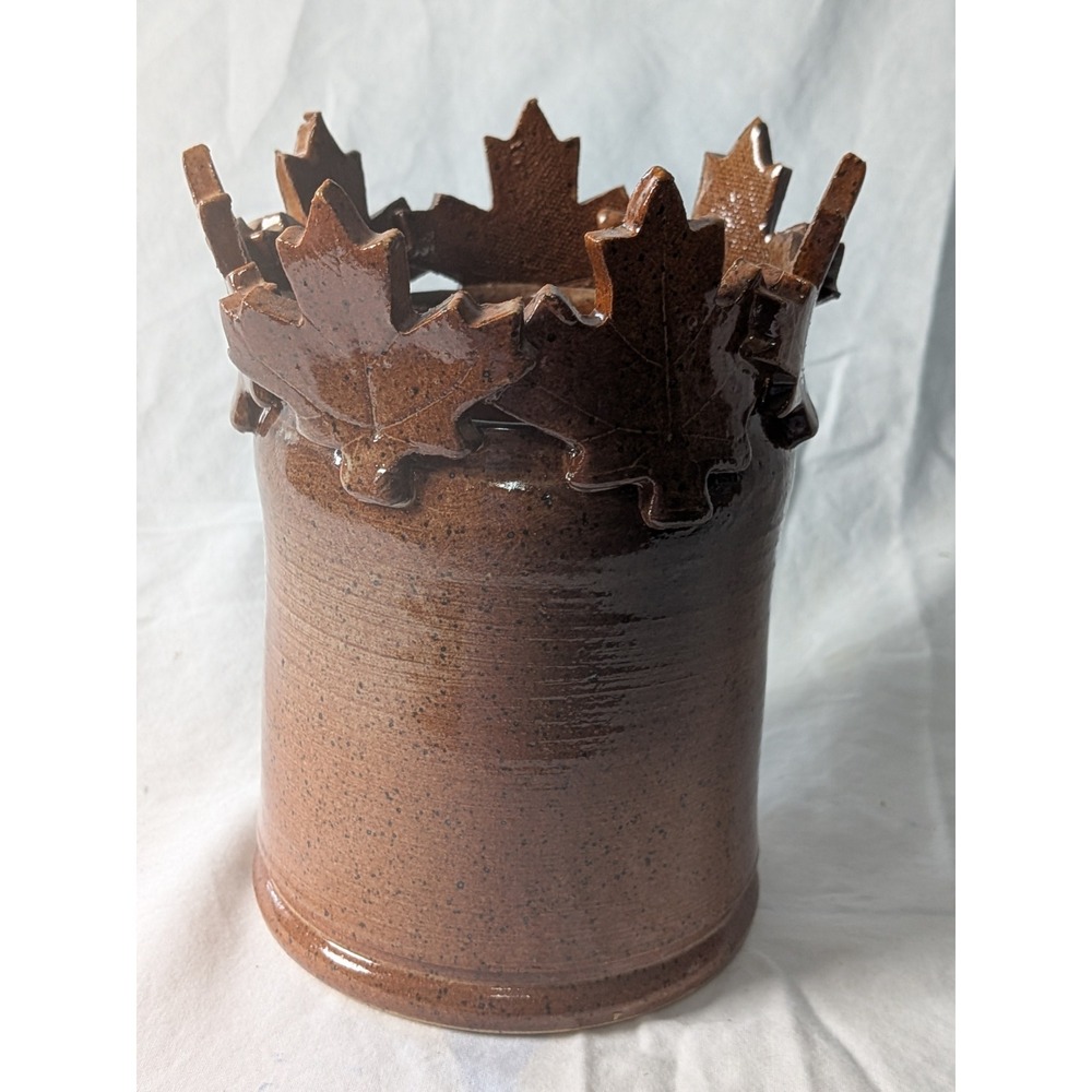 Thomas Pottery Seagrove NC Maple Leaf Crown Stoneware Vase Brown Speckled Glaze